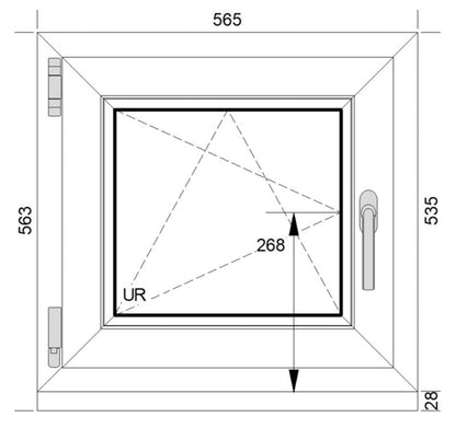 Hvidt PVC-vindue med tolagsglas, vendbart og kipbart, 565 x 535 mm, venstre