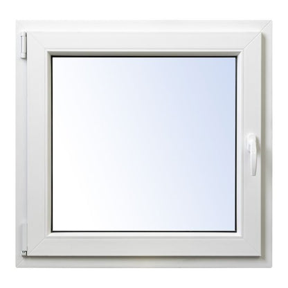 Hvidt PVC-vindue med tolagsglas, vendbart og kipbart, 565 x 535 mm, venstre