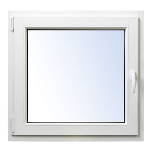 Hvidt PVC-vindue med tolagsglas, vendbart og kipbart, 565 x 535 mm, venstre