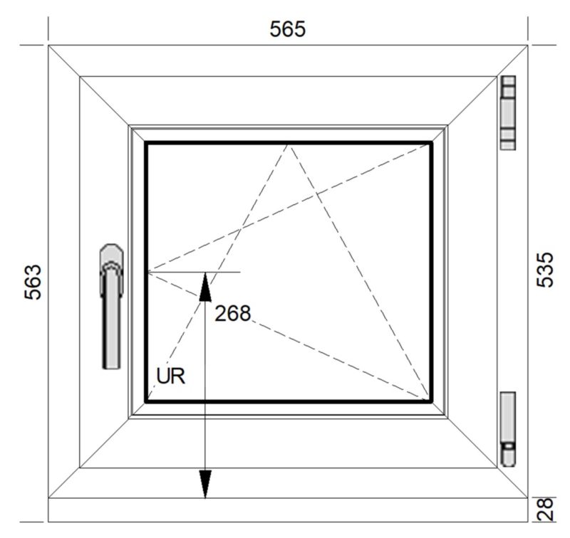 Hvid PVC-vindue med tolagsglas, dreje- og kipfunktion, højre, 565 x 535 mm