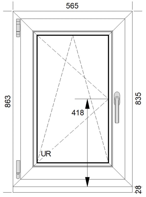Hvidt PVC-vindue med tolagsglas, vippe- og sidehængt, 565 x 835 mm, venstre