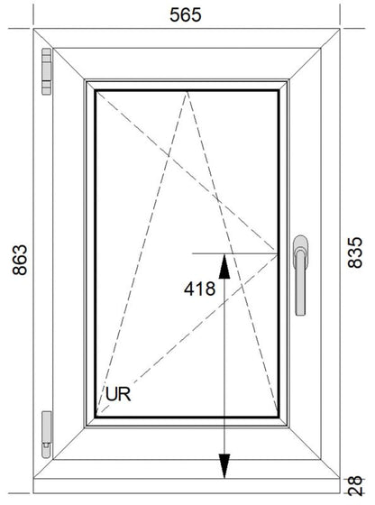 Hvidt PVC-vindue med tolagsglas, vippe- og sidehængt, 565 x 835 mm, venstre