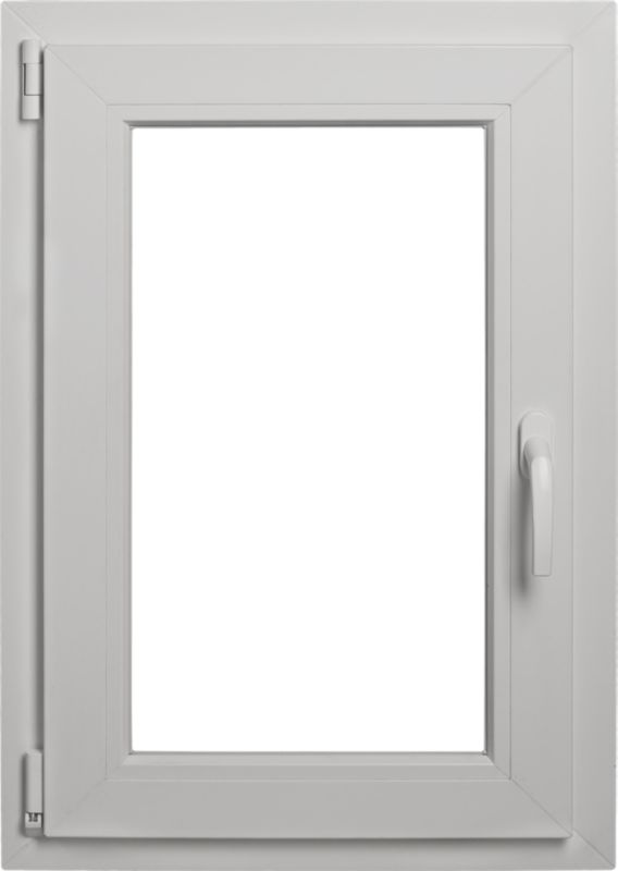 Hvidt PVC-vindue med tolagsglas, vippe- og sidehængt, 565 x 835 mm, venstre