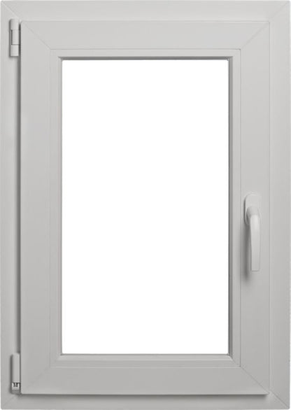 Hvidt PVC-vindue med tolagsglas, vippe- og sidehængt, 565 x 835 mm, venstre
