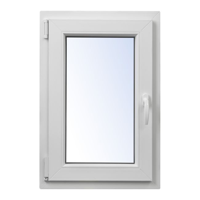 Hvidt PVC-vindue med tolagsglas, vippe- og sidehængt, 565 x 835 mm, venstre