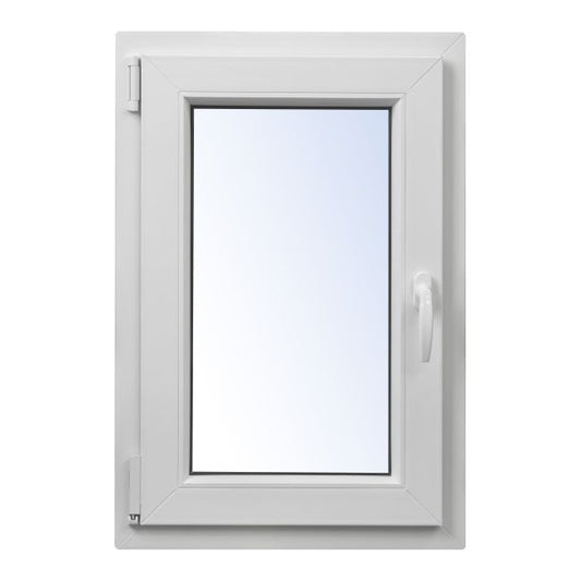 Hvidt PVC-vindue med tolagsglas, vippe- og sidehængt, 565 x 835 mm, venstre