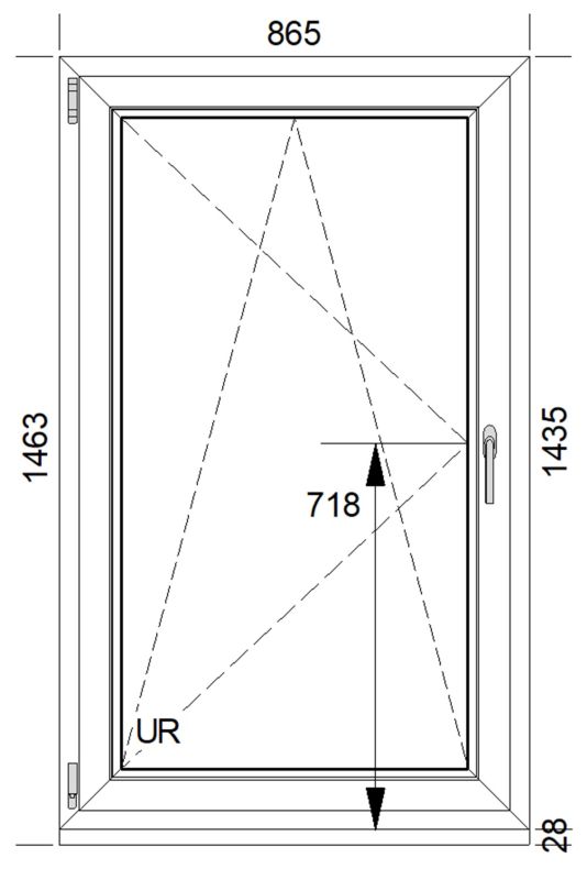 Hvid venstrehængt PVC-vindue med tolags glas, vippe- og drejefunktion, 865 x 1435 mm