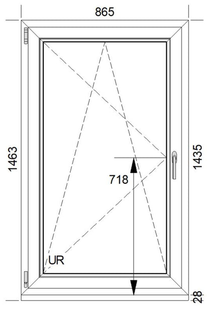 Hvid venstrehængt PVC-vindue med tolags glas, vippe- og drejefunktion, 865 x 1435 mm