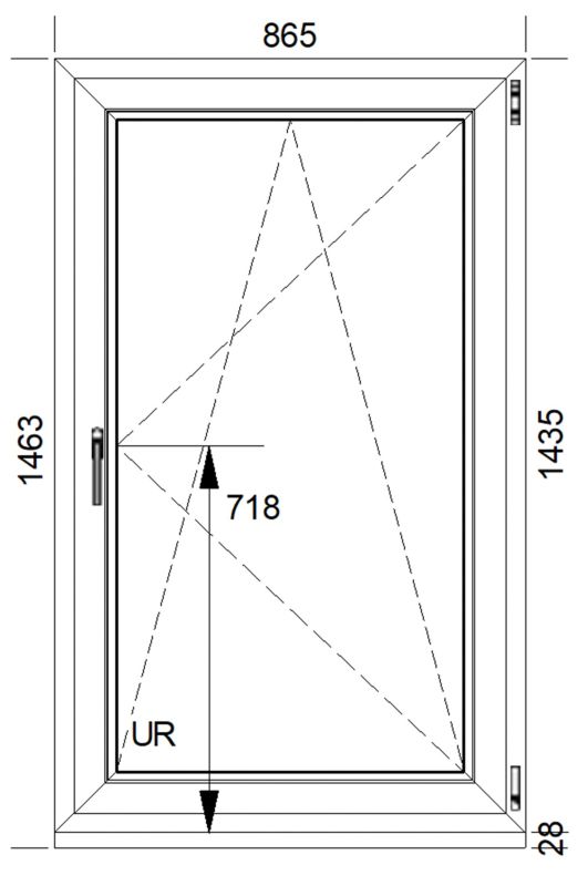 Hvid højre PVC-vindue med tolags energiglas, vippe- og drejefunktion, 865 x 1435 mm