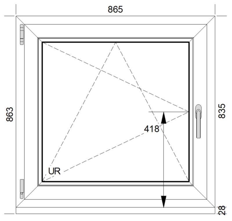 Hvidt PVC-vindue med to lag glas, dreje-kip, venstre, 865 x 835 mm