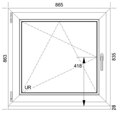 Hvidt PVC-vindue med to lag glas, dreje-kip, venstre, 865 x 835 mm