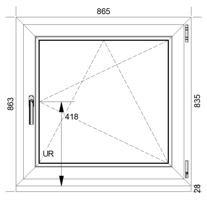 Hvid højre PVC-vindue med to lag glas, vippe- og drejefunktion, 865 x 835 mm