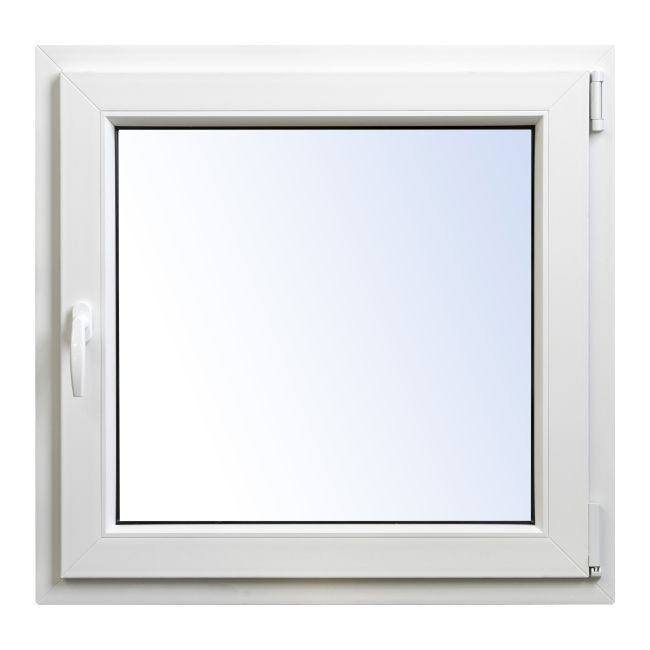 Hvid højre PVC-vindue med to lag glas, vippe- og drejefunktion, 865 x 835 mm