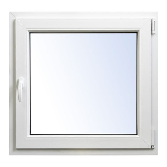 Hvid højre PVC-vindue med to lag glas, vippe- og drejefunktion, 865 x 835 mm