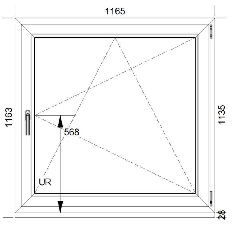 Hvid højrevendt PVC-vindue med trelagsglas, vippe- og drejefunktion, 1165 x 1135 mm