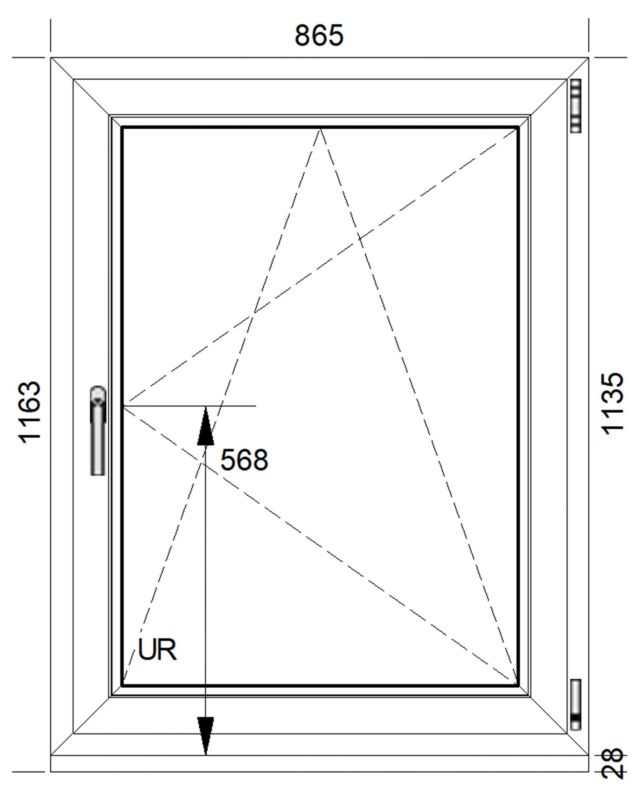 PVC-vindue med dreje- og kipfunktion, 3-lags glas, 865 x 1135 mm, højrehængt, hvid
