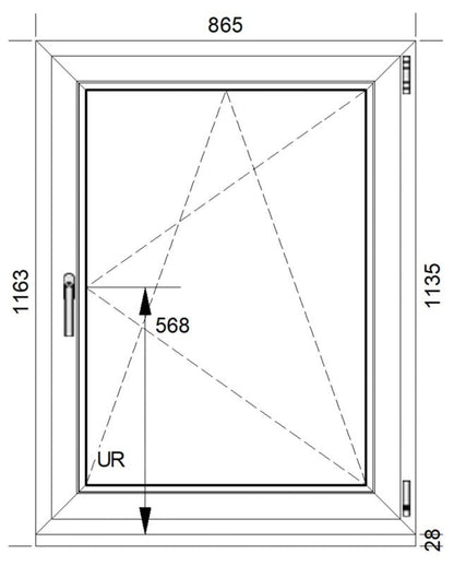 PVC-vindue med dreje- og kipfunktion, 3-lags glas, 865 x 1135 mm, højrehængt, hvid
