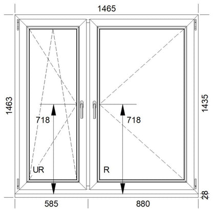 PCV-vindue med sidehængt og topstyret åbning, dobbeltrude, 1465 x 1435 mm, venstre, hvid