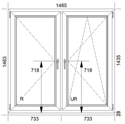 PCV-vindue med to åbningstyper og dobbeltrude 1465 x 1435 mm symmetrisk hvidt