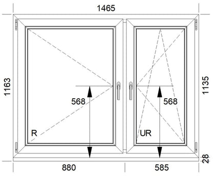PVC-vindue med sidehængt og sidehængt-tilt funktion 1465 x 1135 mm højre hvid