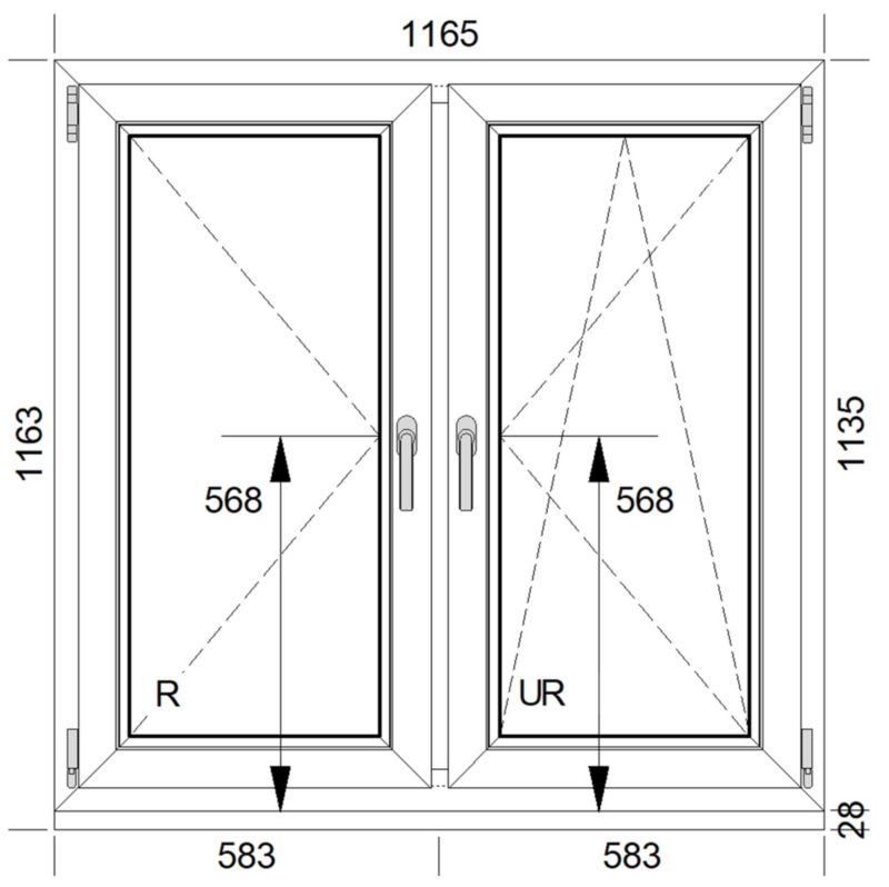 PVC-vindue med dreje- og dreje-kipfunktion, 3-lags glas, 1165 x 1135 mm, symmetrisk hvidt