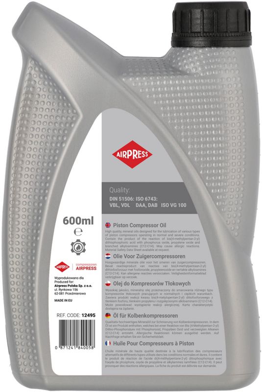 Airpress stempelkompressorolie 600 ml