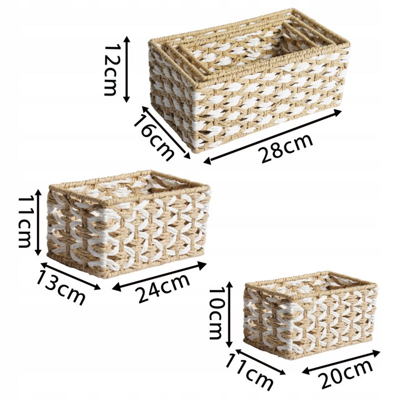 Opbevaringskurv Sæt 3 stk. Beige Papirsnor 28x16x12 cm