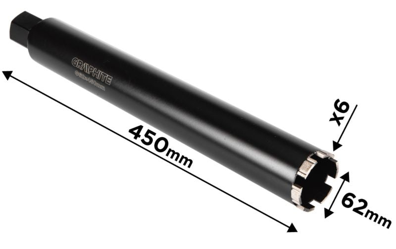 Diamantkernebor til borehammer GRAPHITE 62 x 450 mm x 6T i robust stål, 1 stk.