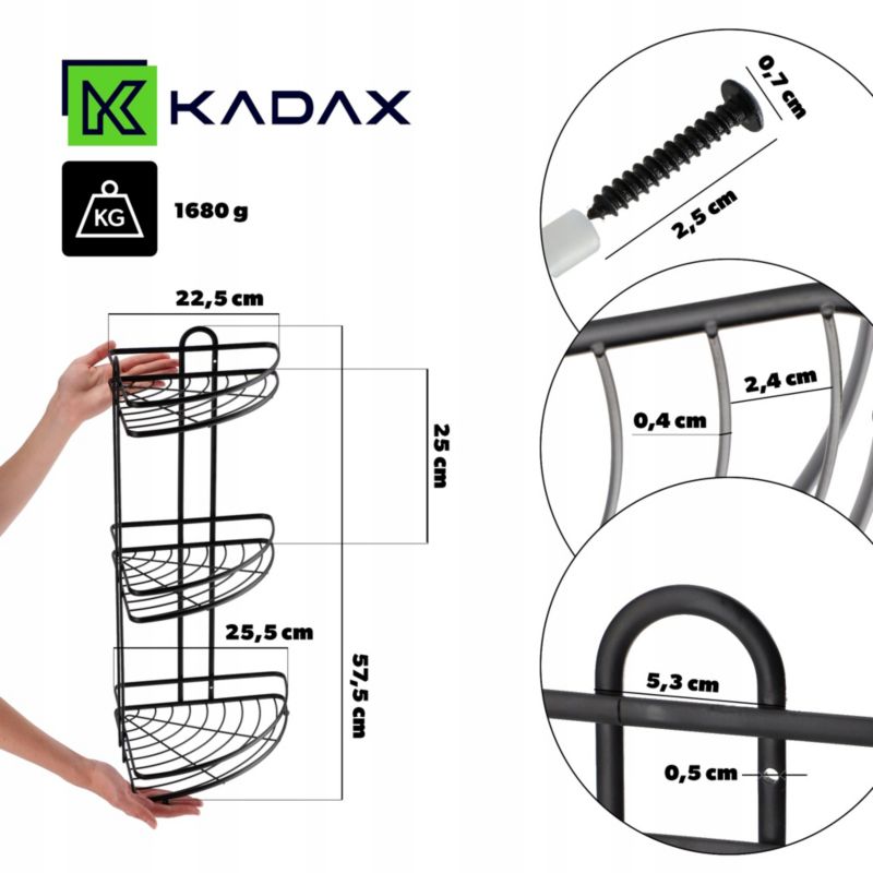 KADAX hjørnehylde til badeværelse med 3 hylder, sort mat, 1 stk.