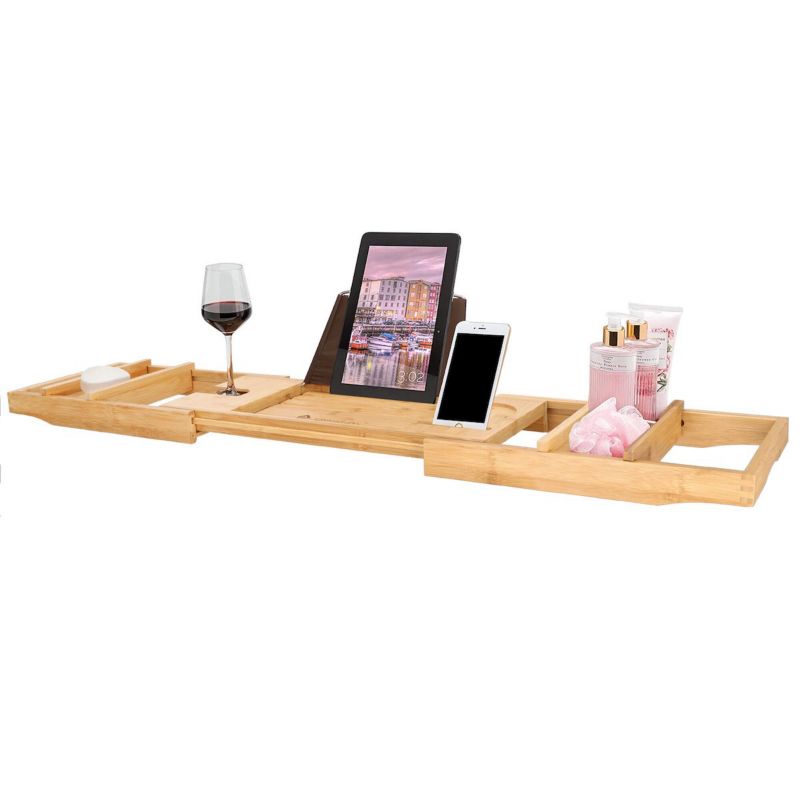 Justerbar badekarsbakke Springos 75-110,5 cm med bambusoverflade, 1 stk.