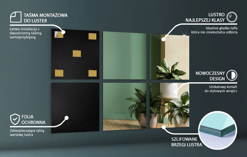Selvklæbende kvadratiske spejlfliser Tulup 30x30 cm til køkken og badeværelse, 6 stk.