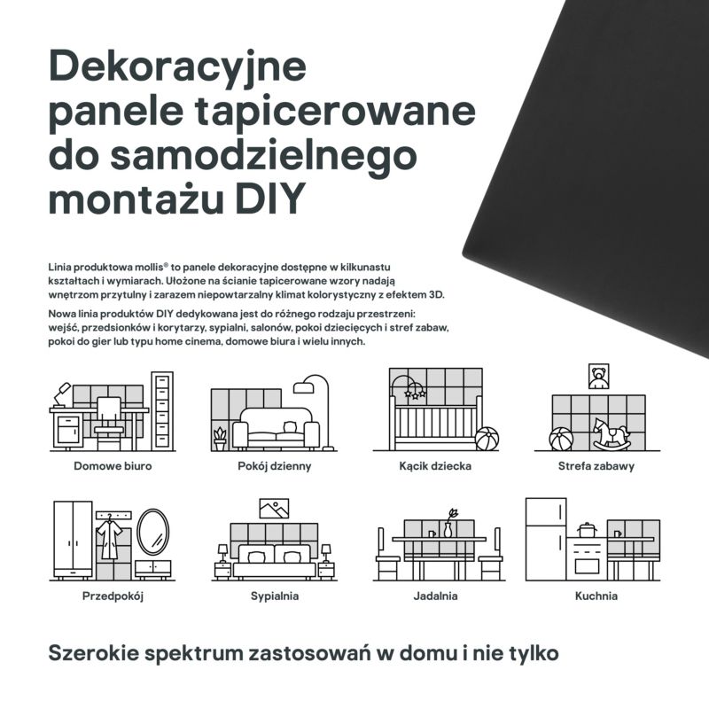 Polstret vægpanel Stegu Mollis rektangulær 60 x 30 cm sort - 1 stk.