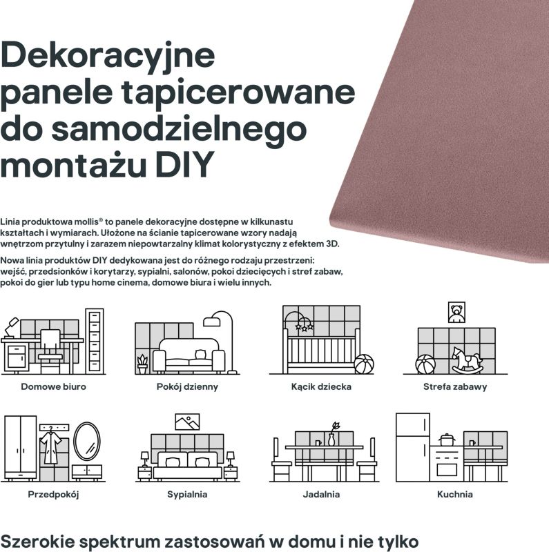 Polstret vægpanel Stegu Mollis rektangulær 60 x 30 cm støvet rosa