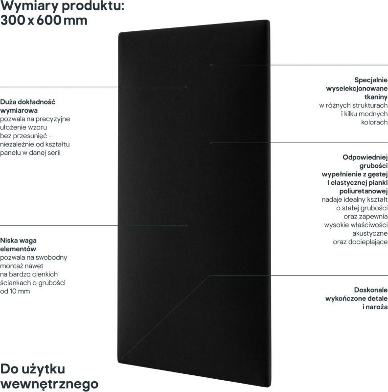 Polstret vægpanel Stegu Mollis rektangulær 60 x 30 cm mat-sort