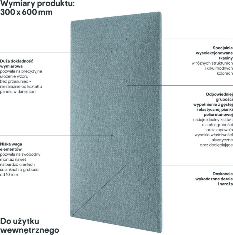 Polstret vægpanel Stegu Mollis rektangulær 60 x 30 cm lys blå