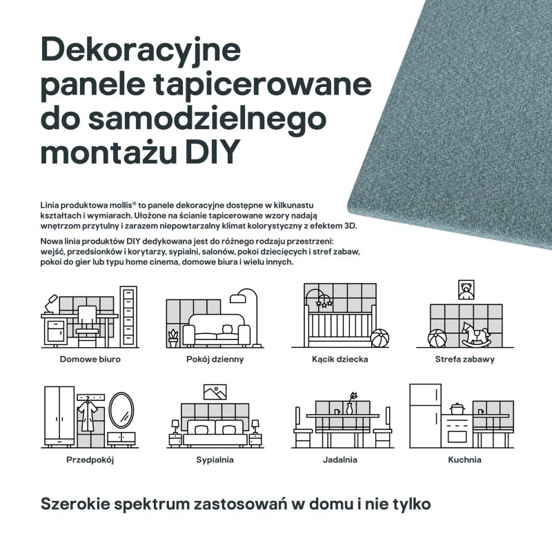 Polstret vægpanel Stegu Mollis rektangulær 60 x 30 cm lys blå