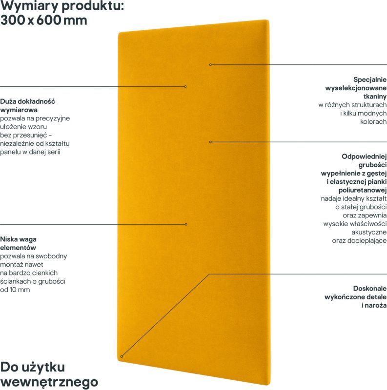 Polstret vægpanel Stegu Mollis rektangel 60 x 30 cm gul