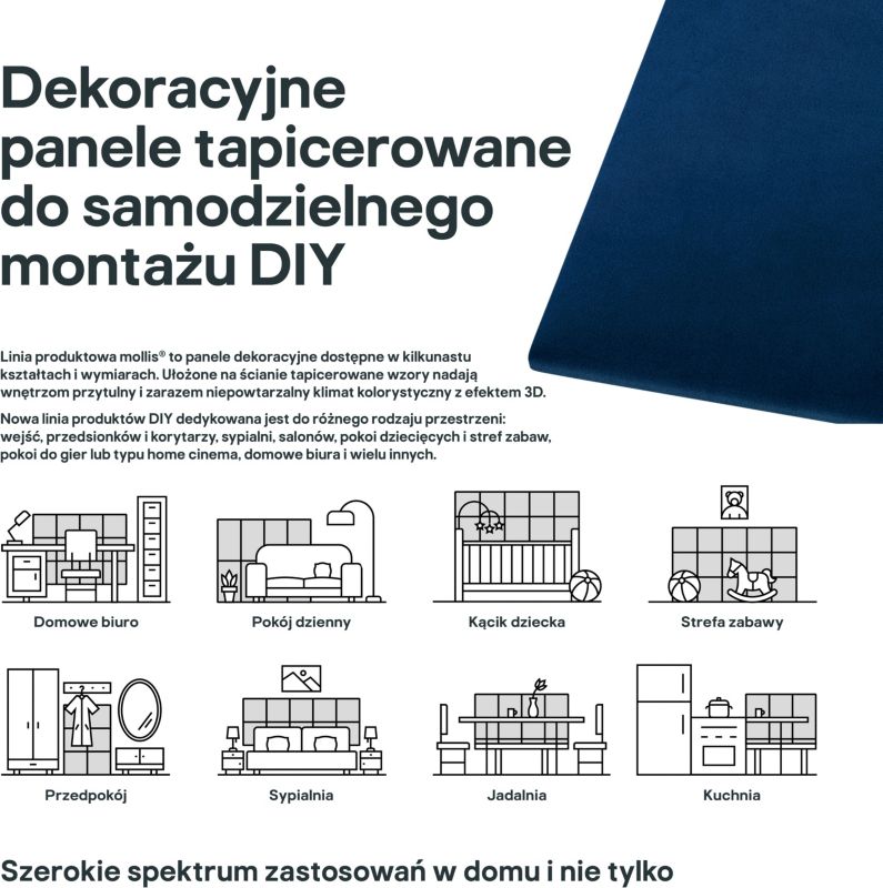 Polstret vægpanel Stegu Mollis rektangulær 90 x 30 cm mørkeblå