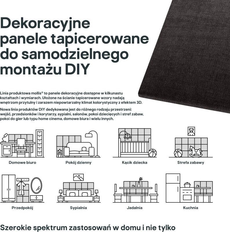 Polstret vægpanel Stegu Mollis rektangel 90 x 30 cm grafitgrå