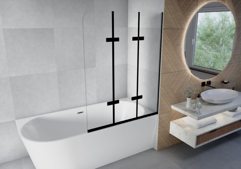 Foldbart Badekarsskærm 120x140 cm Sort Hærdet Glas 3 Dele