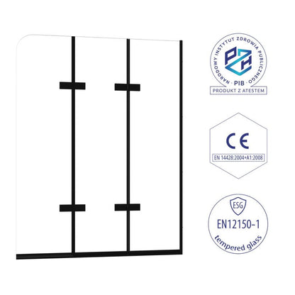 Foldbart Badekarsskærm 120x140 cm Sort Hærdet Glas 3 Dele