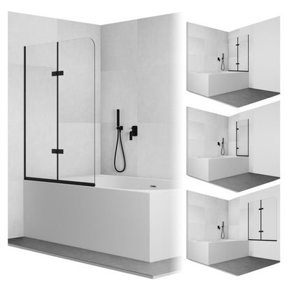 Paravan til Badekar 80x140 cm Foldbar 2-Dele Sort Hærdet Glas