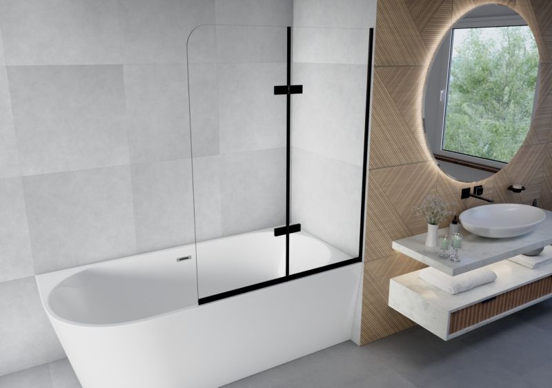 Paravan til Badekar 80x140 cm Foldbar 2-Dele Sort Hærdet Glas