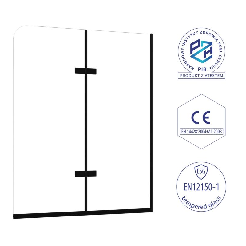 Paravan til Badekar 80x140 cm Foldbar 2-Dele Sort Hærdet Glas