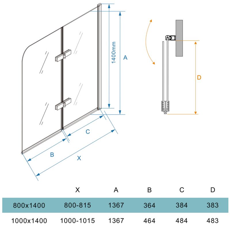 Paravan til Badekar 80x140 cm Foldbar 2-Dele Sort Hærdet Glas