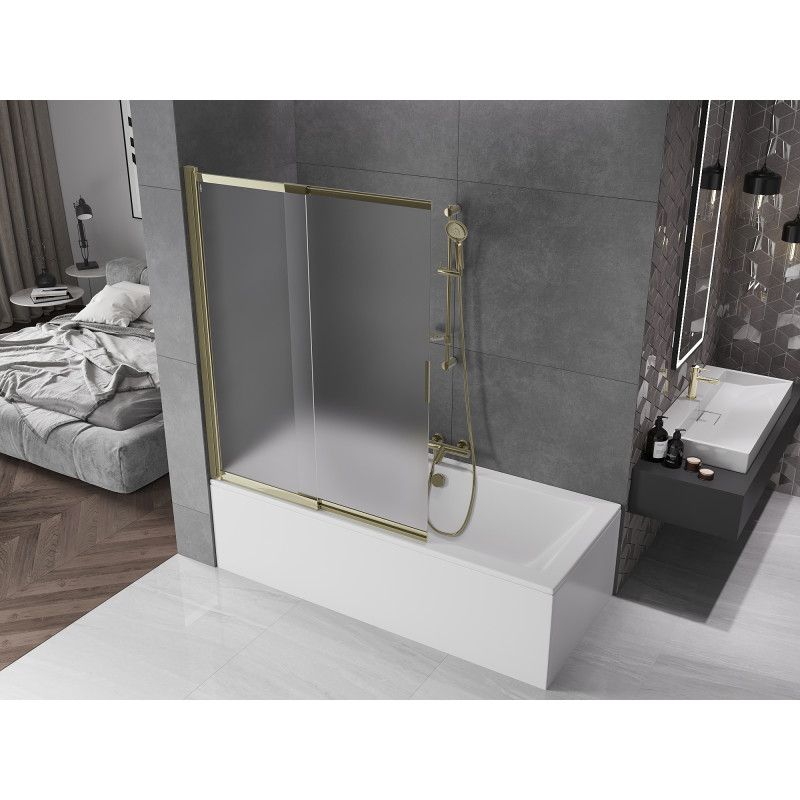 Mexen Fox 2-fløjet skydedørsvæg til badekar 120 x 150 cm frostet glas med guldfinish, 1 stk.