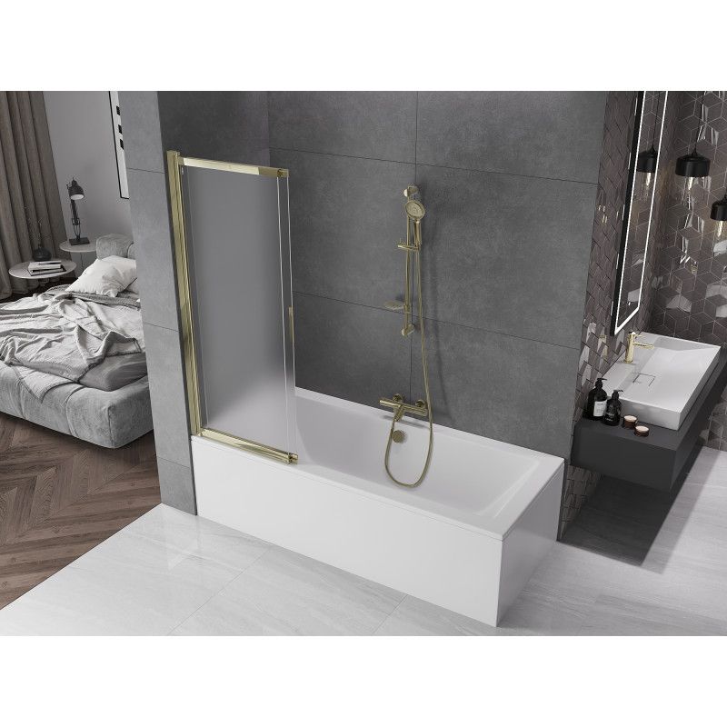 Mexen Fox 2-fløjet skydedørsvæg til badekar 120 x 150 cm frostet glas med guldfinish, 1 stk.