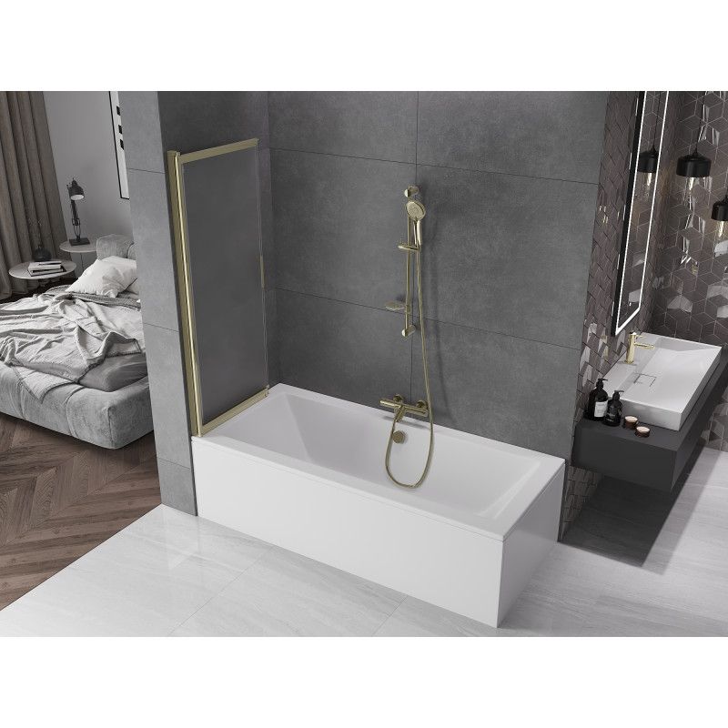 Mexen Fox 2-fløjet skydedørsvæg til badekar 120 x 150 cm frostet glas med guldfinish, 1 stk.