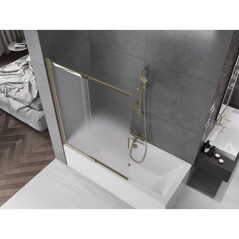 Mexen Fox 2-fløjet skydedørsvæg til badekar 120 x 150 cm frostet glas med guldfinish, 1 stk.