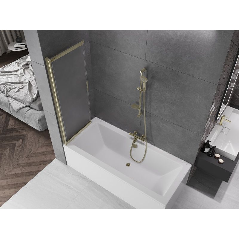 Mexen Fox 2-fløjet skydedørsvæg til badekar 120 x 150 cm frostet glas med guldfinish, 1 stk.